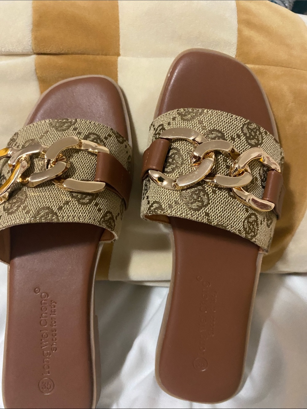 Chain-Embellished Brown Monogram Slide Sandals